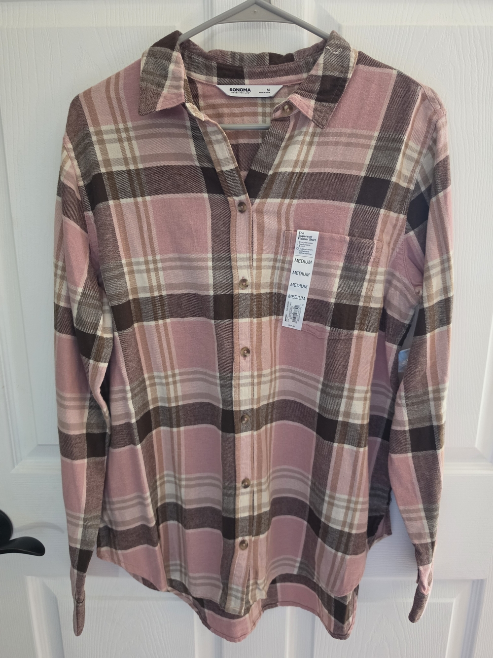 Sonoma Pink and Brown Plaid Flannel Button-Down Shirt